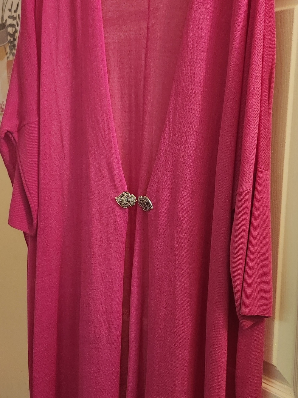Chico's Hot Pink Open Front Cardigan with Decorative Clasp.